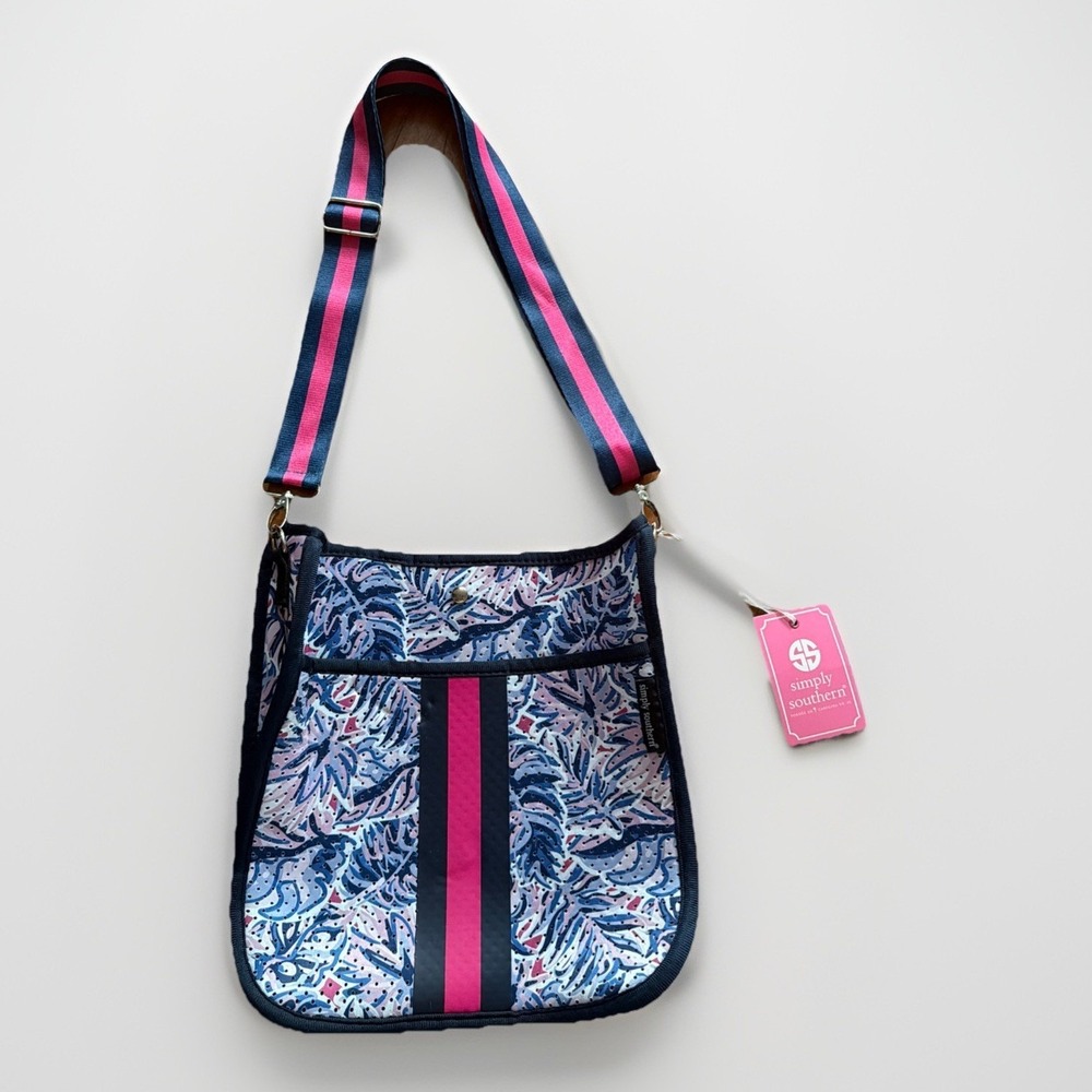 Simply Southern Neoprene Blue‎ Pink Leaf Crossbody Bag NWT